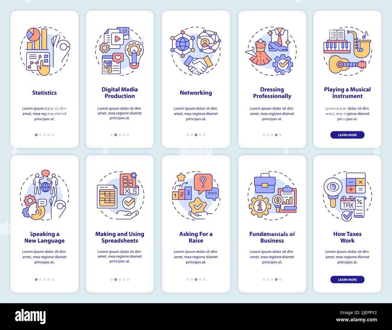Important skills for life onboarding mobile app screen set Stock Vector ...