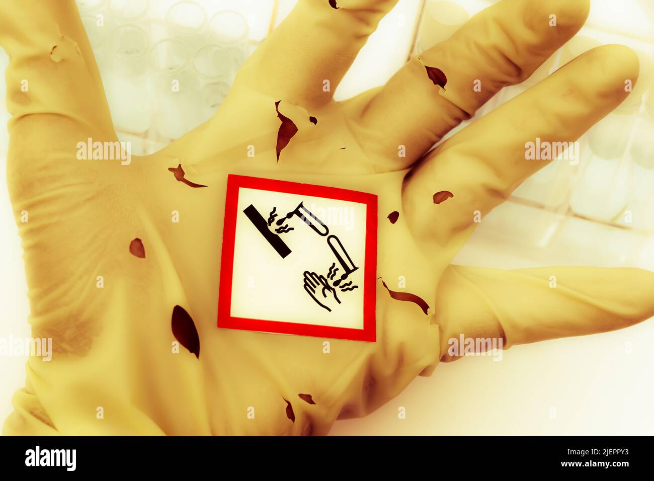 Gloves were torn by to chemical corrosion in the laboratory Stock Photo ...