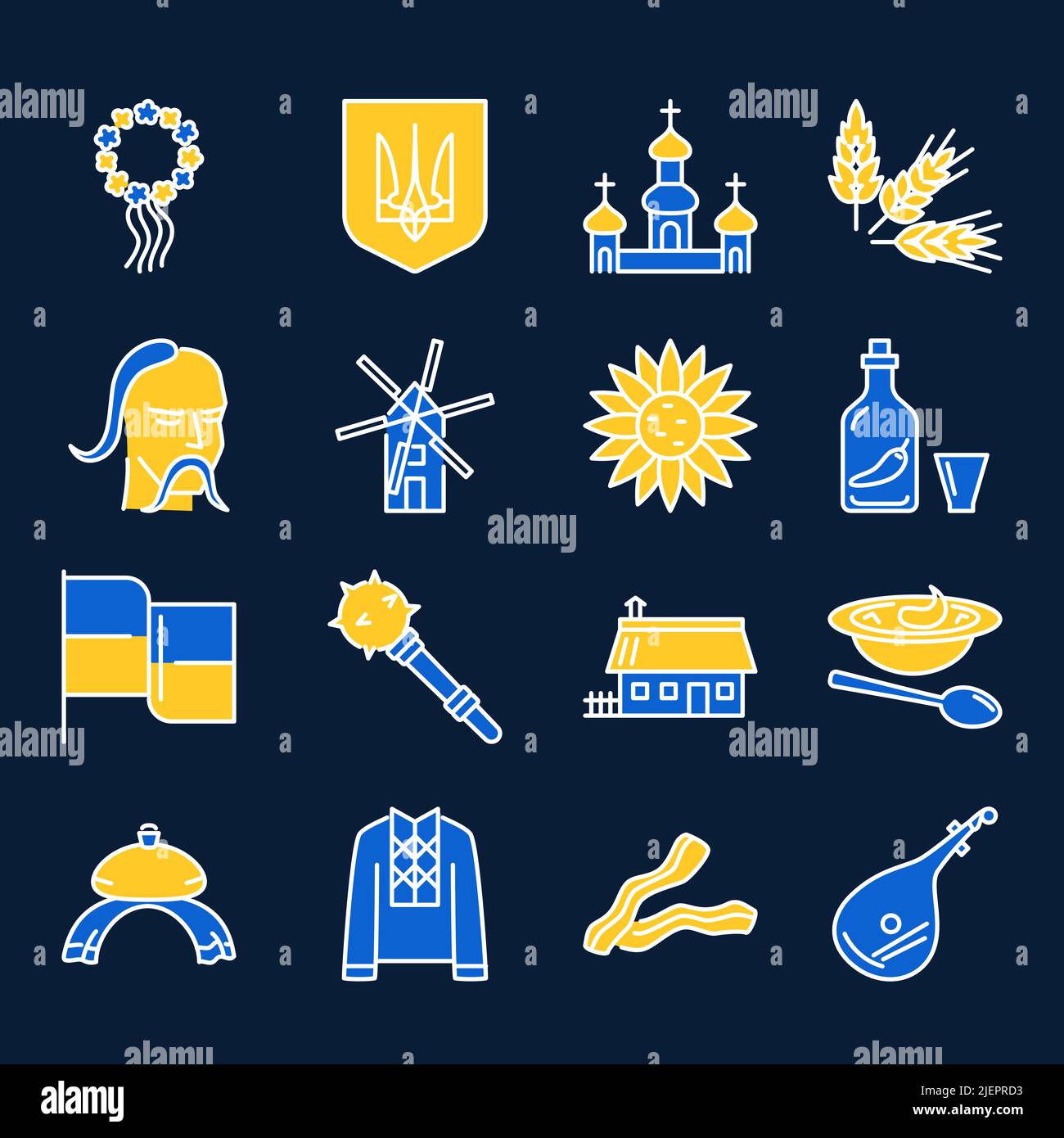Ukraine icons collection in colored line style. Ukrainian traditional