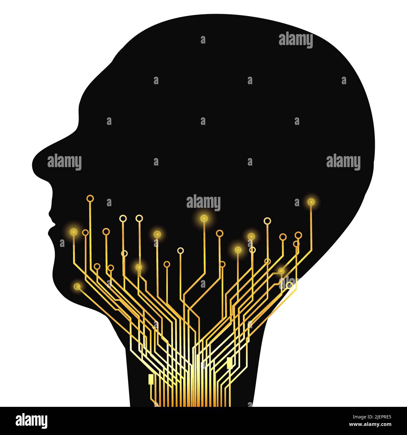Silhouette of human head in profile with circuit board tracks going up ...