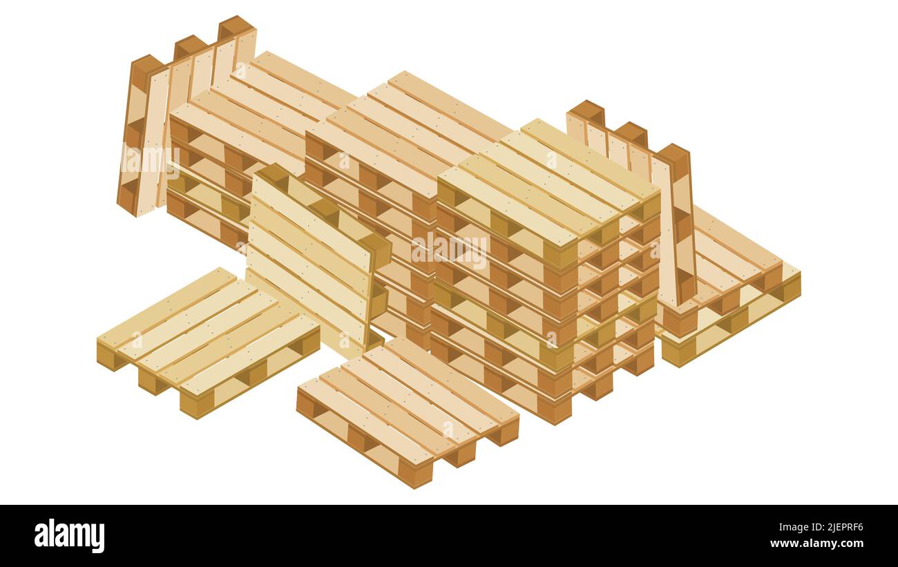 Huge pile of isometric pallets in stacks and many near lying and stand ...