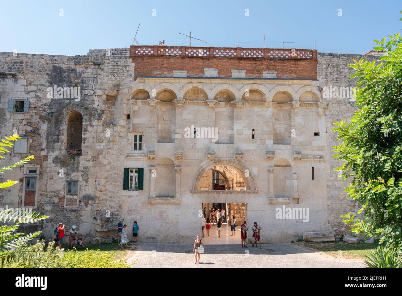 SPLIT, CROATIA - JULY 30, 2021: Golden Gate or the Northern Gate, is one of the four main Roman gates into the old town of Split and was built as part Stock Photo