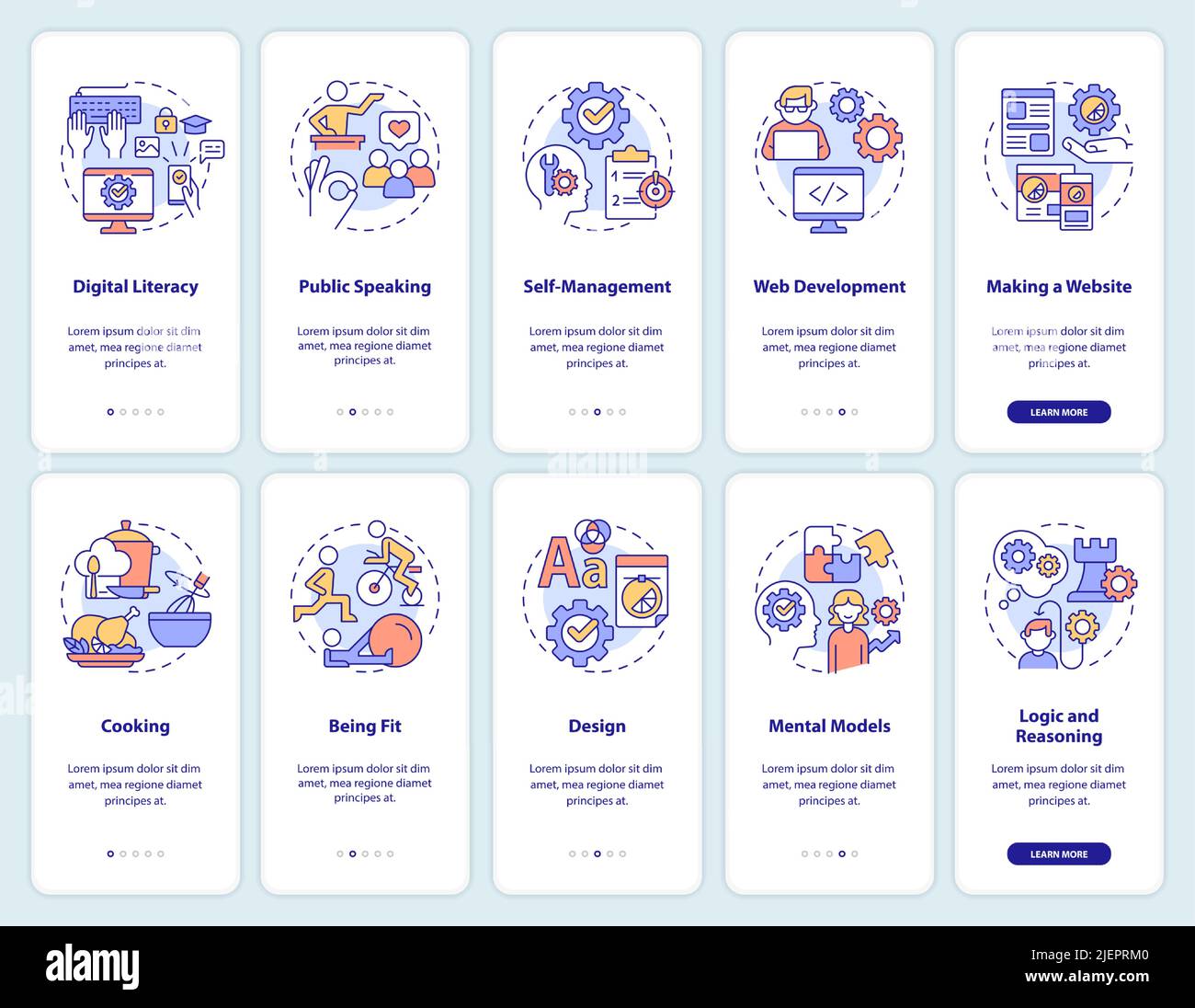 Important life skills onboarding mobile app screen set Stock Vector ...