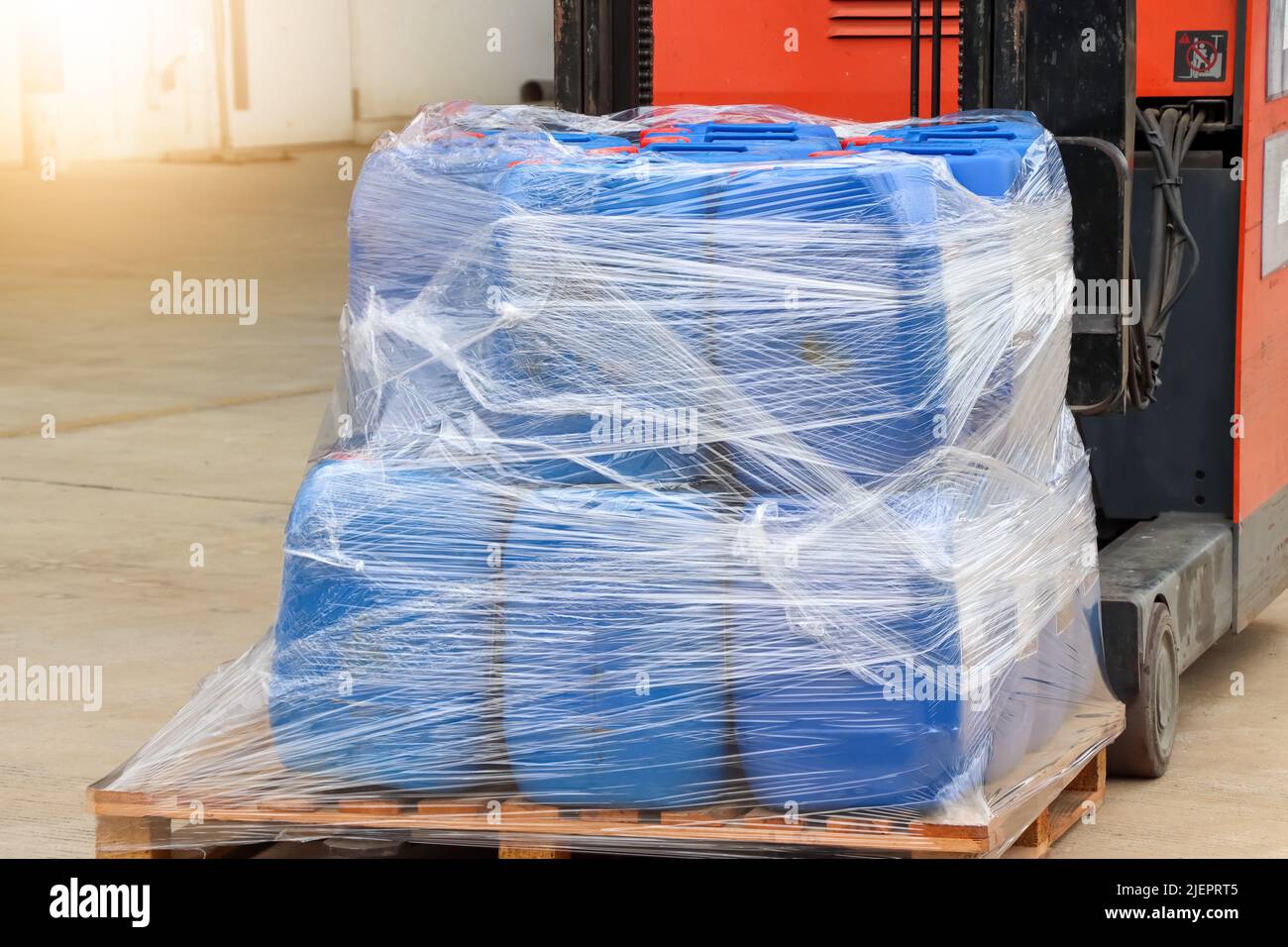 Forklifts are moving dangerous chemicals in the industry Stock Photo