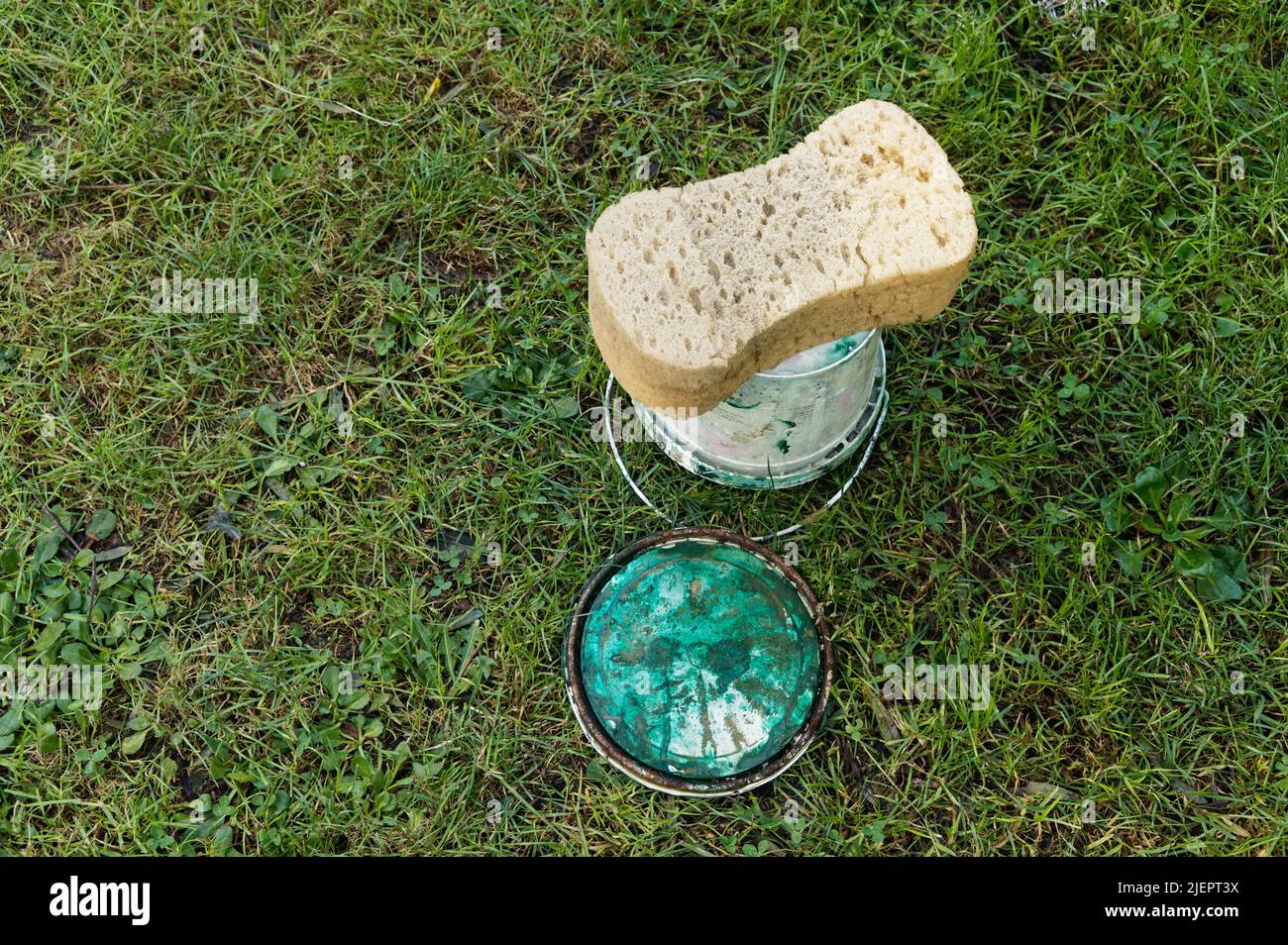 A sponge sits on top of an upsidedown bucket, it has been used to clean up after painting. Stock Photo