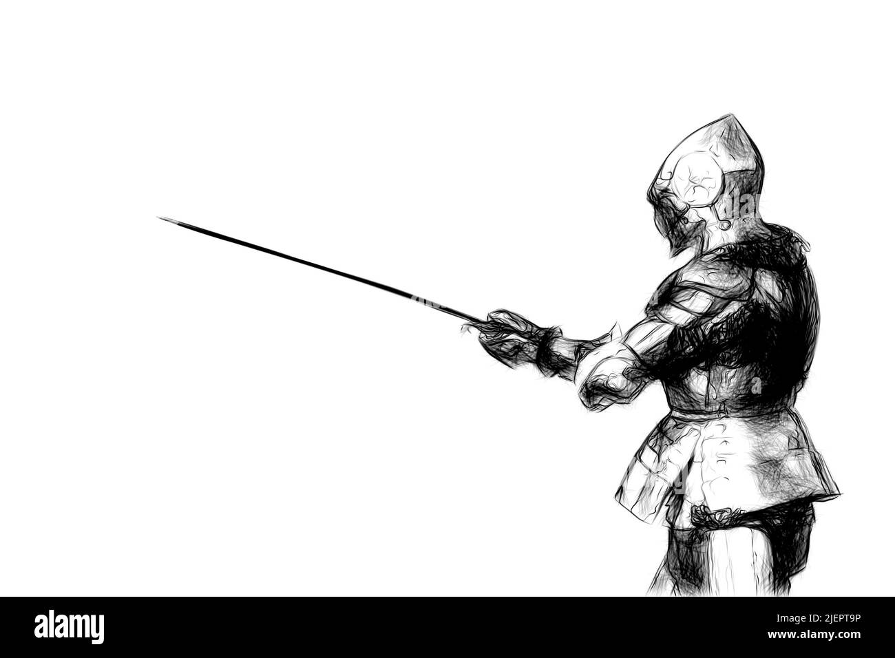 black and white drawing of a medieval knight on a white background Stock Photo