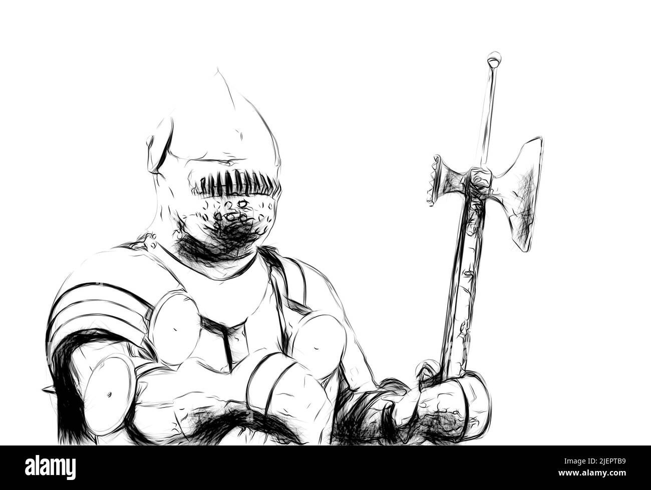 black and white drawing of a medieval knight on a white background ...