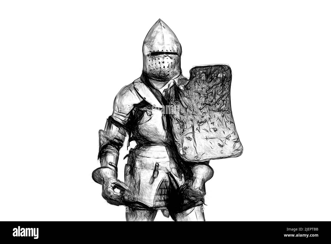 black and white drawing of a medieval knight on a white background Stock Photo