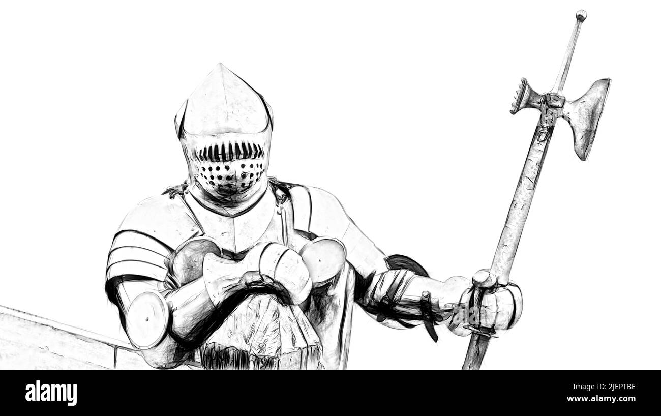 black and white drawing of a medieval knight on a white background ...