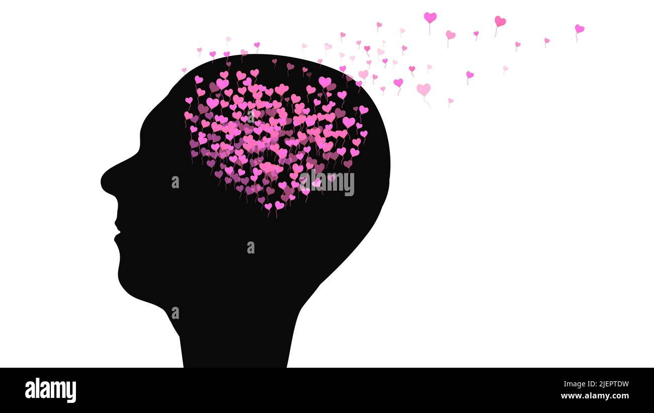 Silhouette of human head in profile with brain in form of heart from ...