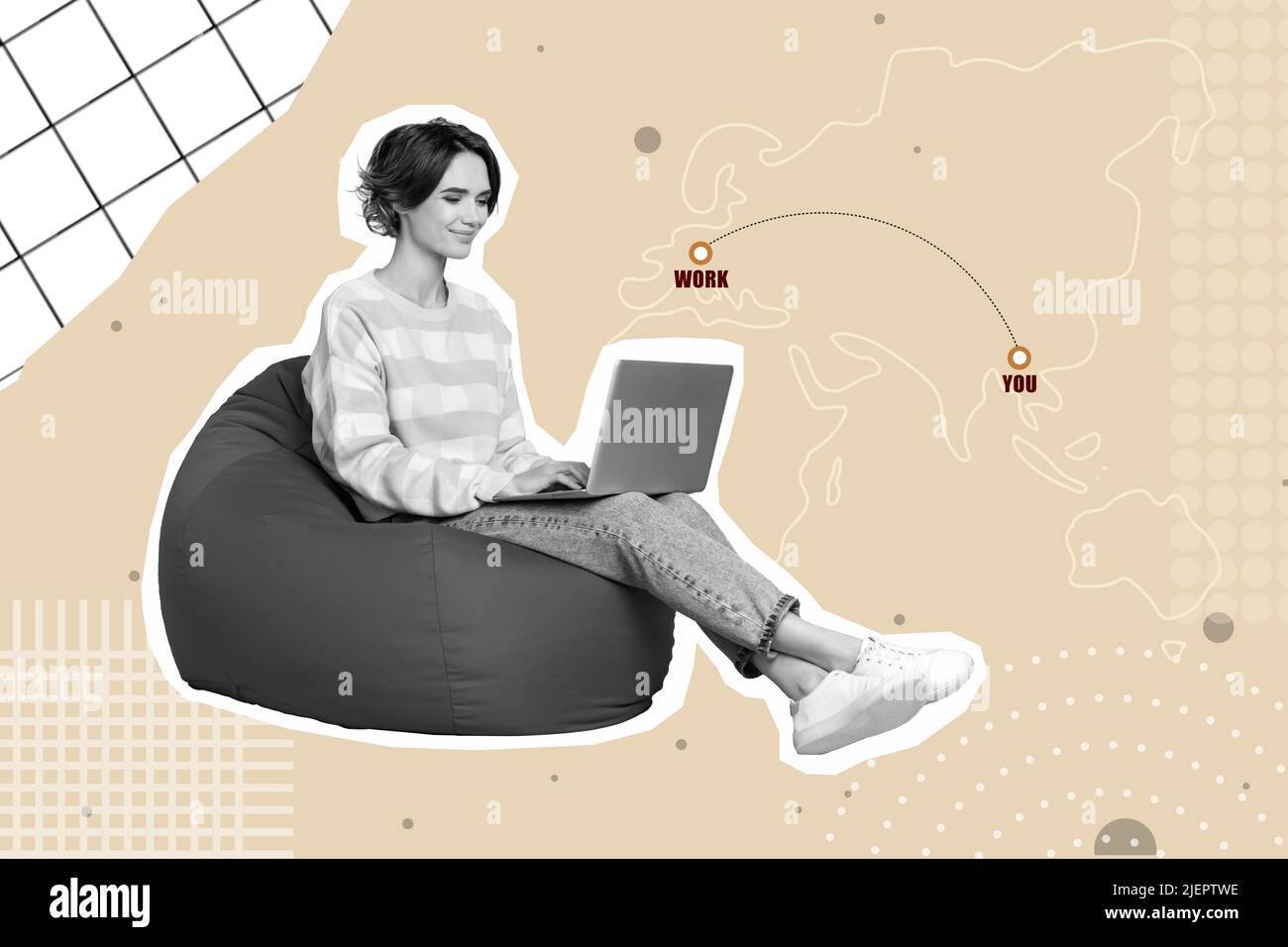 Artwork magazine picture of funny cheerful girl sitting bean bag