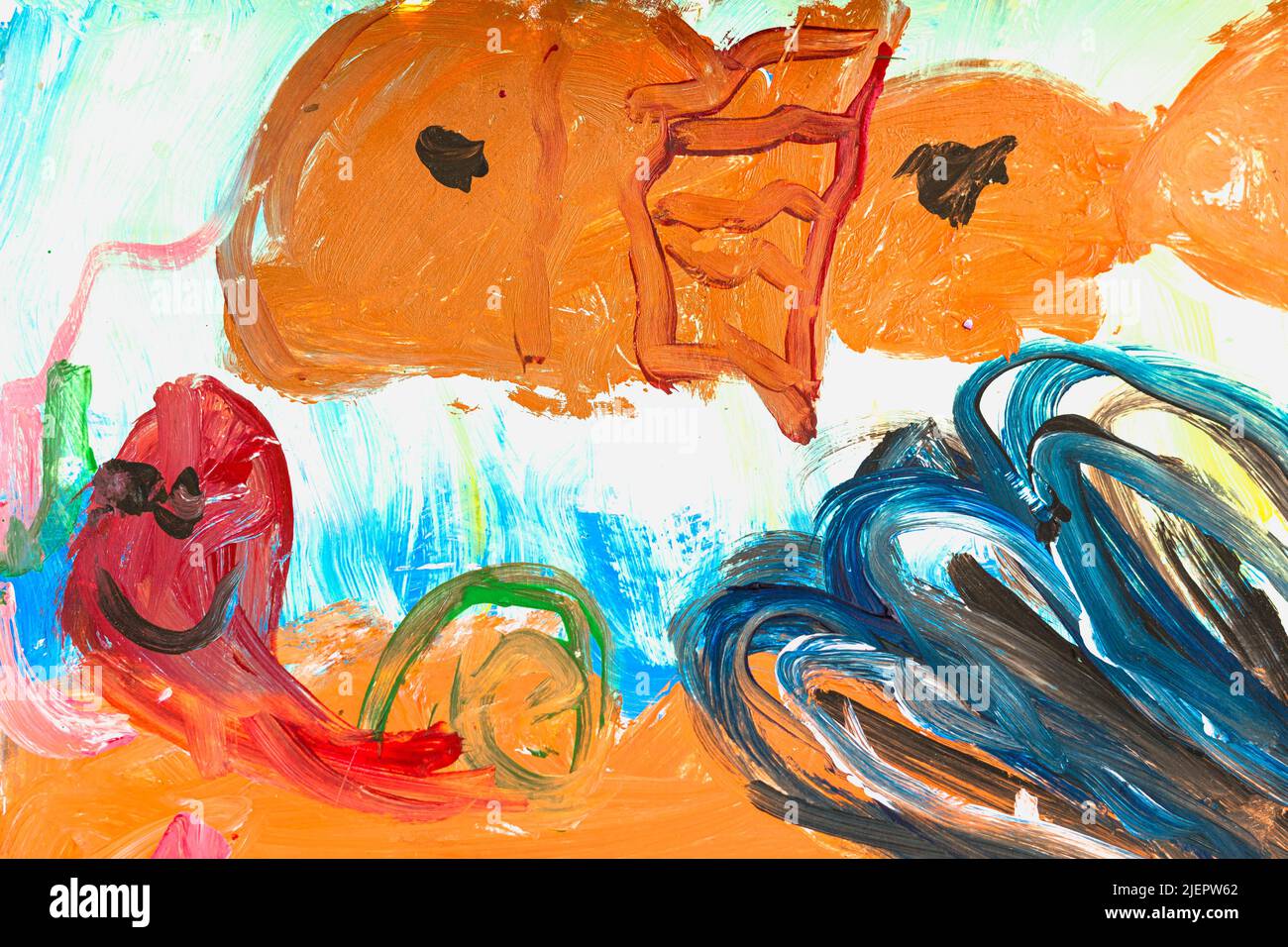 Photo of real draw painted by kindergarten preschool child. Watercolor gouache pencil mix colours. Concept art education class therapy, inspirational Stock Photo