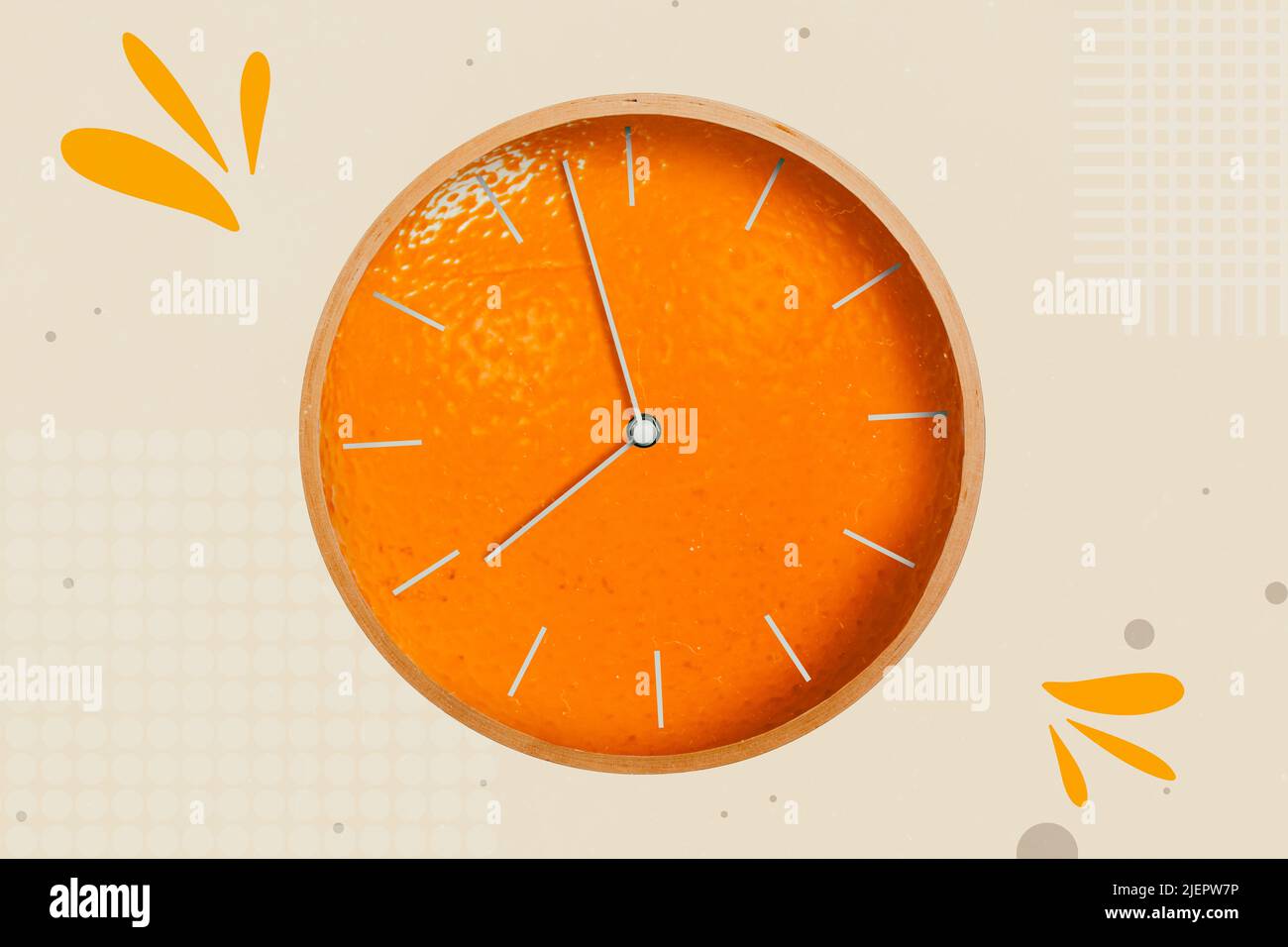 Creative 3d photo artwork graphics painting of orange fruit clock showing eight o clock isolated beige background Stock Photo