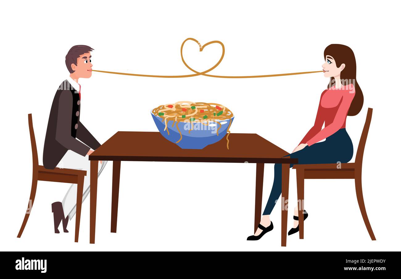 couple eating heart shape noodles sitting in chair cartoon vector illustration Stock Vector