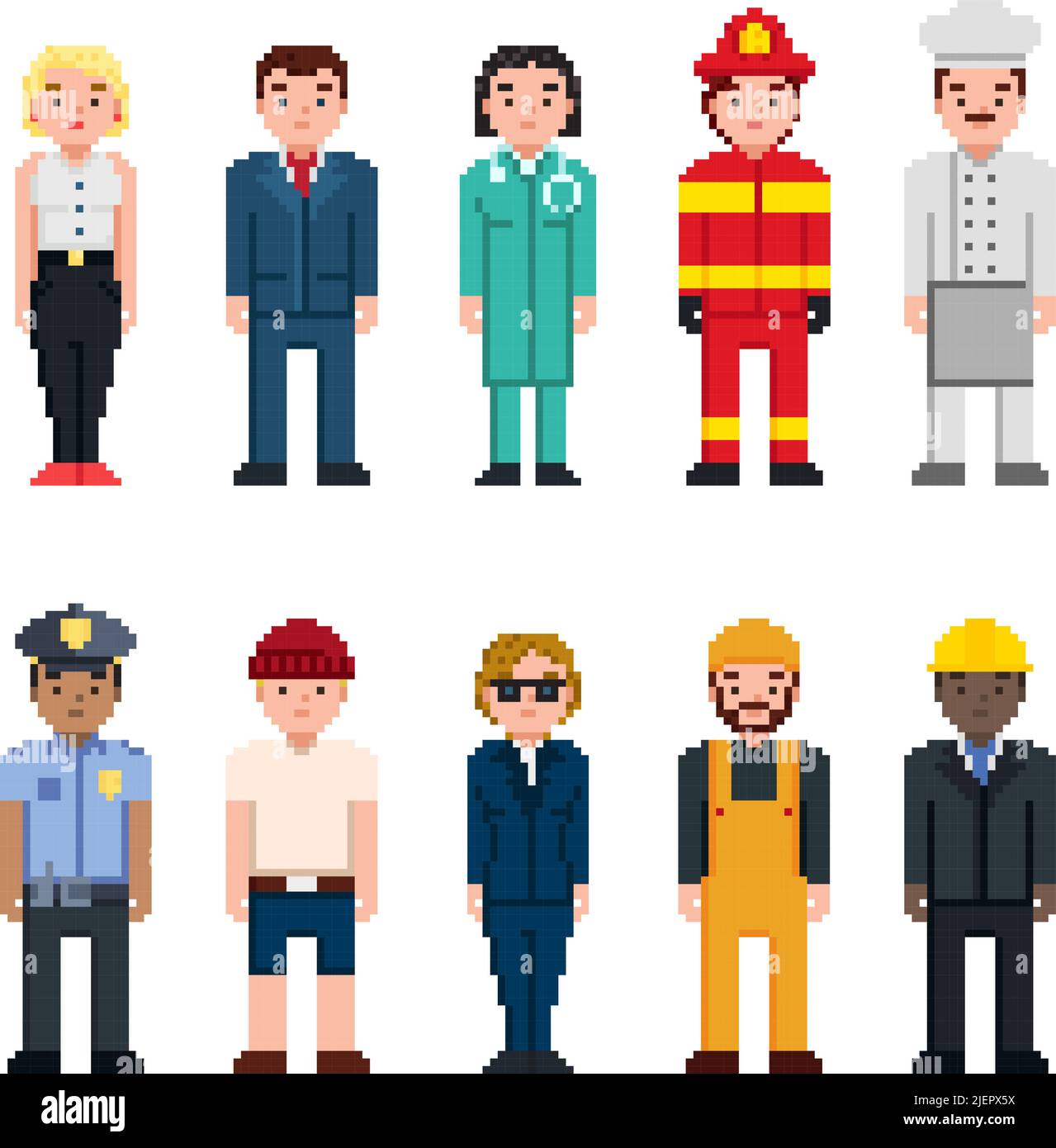 Pixel art characters avatar set. Professions pixel art people isolated design. Policeman, Doctor, Businessman, Chef, Firefighter, Builder and other. 8 Stock Vector