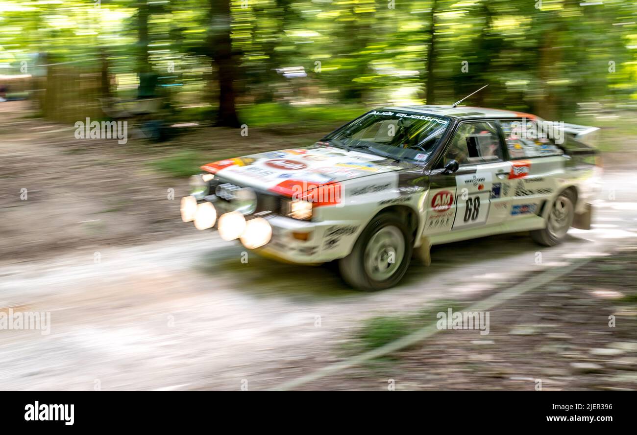 Goodwood, UK. 26th June, 2022. 1983 Audi Quattro A1 taking on the rally stage at the Goodwood Festival Of Speed at the Goodwood Circuit, Goodwood, UK on Sunday 26 June 2022. Photo by Phil Hutchinson. Editorial use only, license required for commercial use. No use in betting, games or a single club/league/player publications. Credit: UK Sports Pics Ltd/Alamy Live News Stock Photo