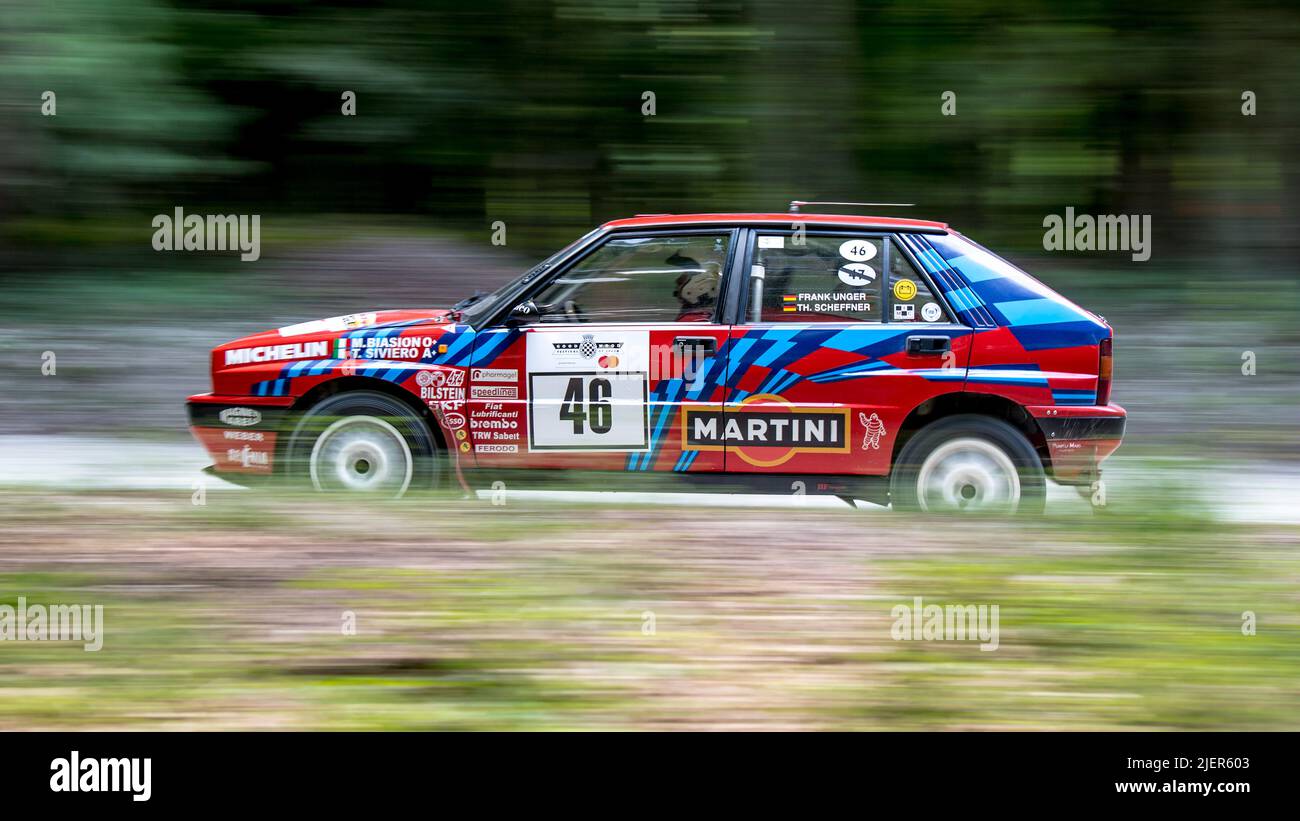 Goodwood, UK. 26th June, 2022. 1987 Lancia Delta Integrale 16V taking on the rally stage at the Goodwood Festival Of Speed at the Goodwood Circuit, Goodwood, UK on Sunday 26 June 2022. Photo by Phil Hutchinson. Editorial use only, license required for commercial use. No use in betting, games or a single club/league/player publications. Credit: UK Sports Pics Ltd/Alamy Live News Stock Photo