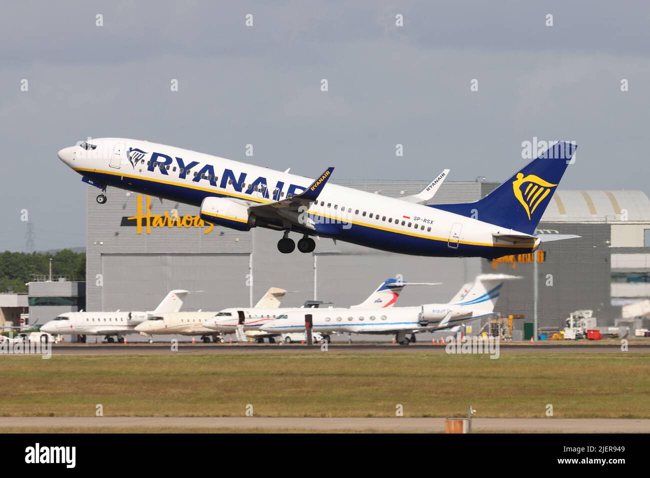Ryanair, Boeing 737 SP-RSX, leaving Stansted Airport, Essex, UK Stock Photo