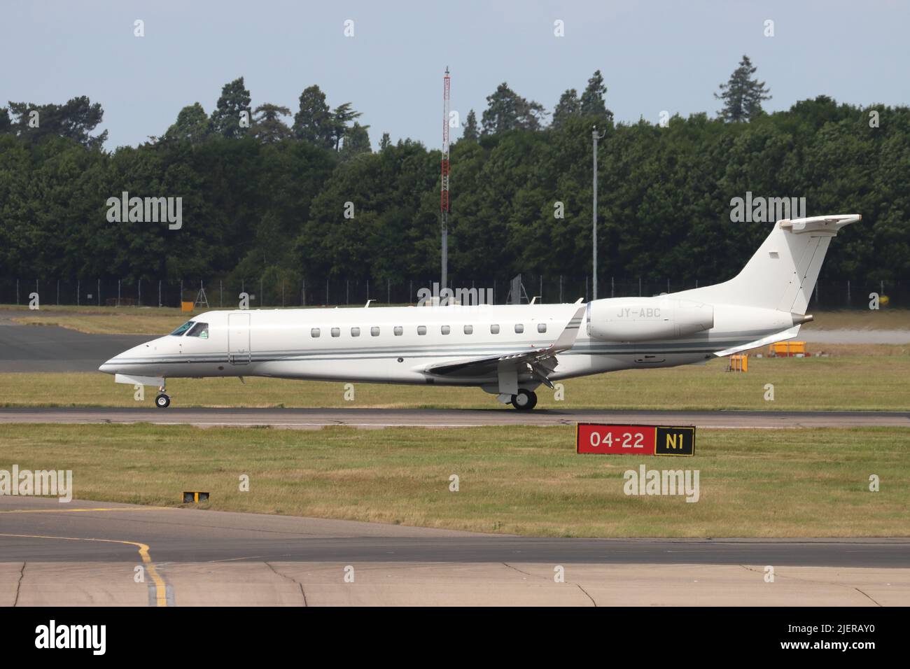JY-ABC, Embraer Legacy 600, landing at Stansted Airport, Essex, UK Stock Photo
