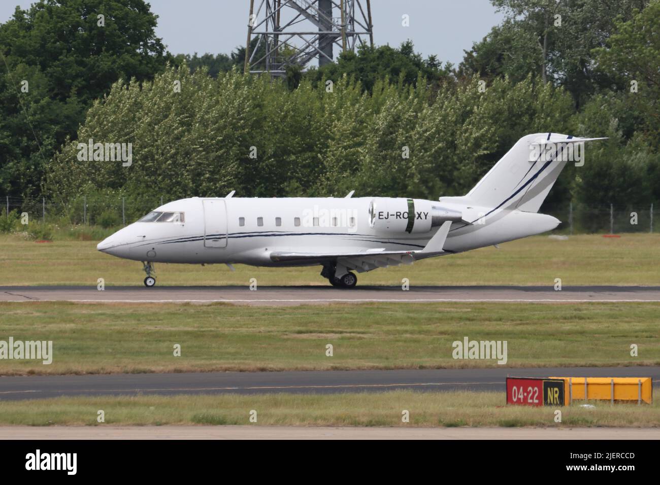 EJ-ROXY, Bombardier Challenger 605, arriving at Stansted Airport, Essex, UK Stock Photo