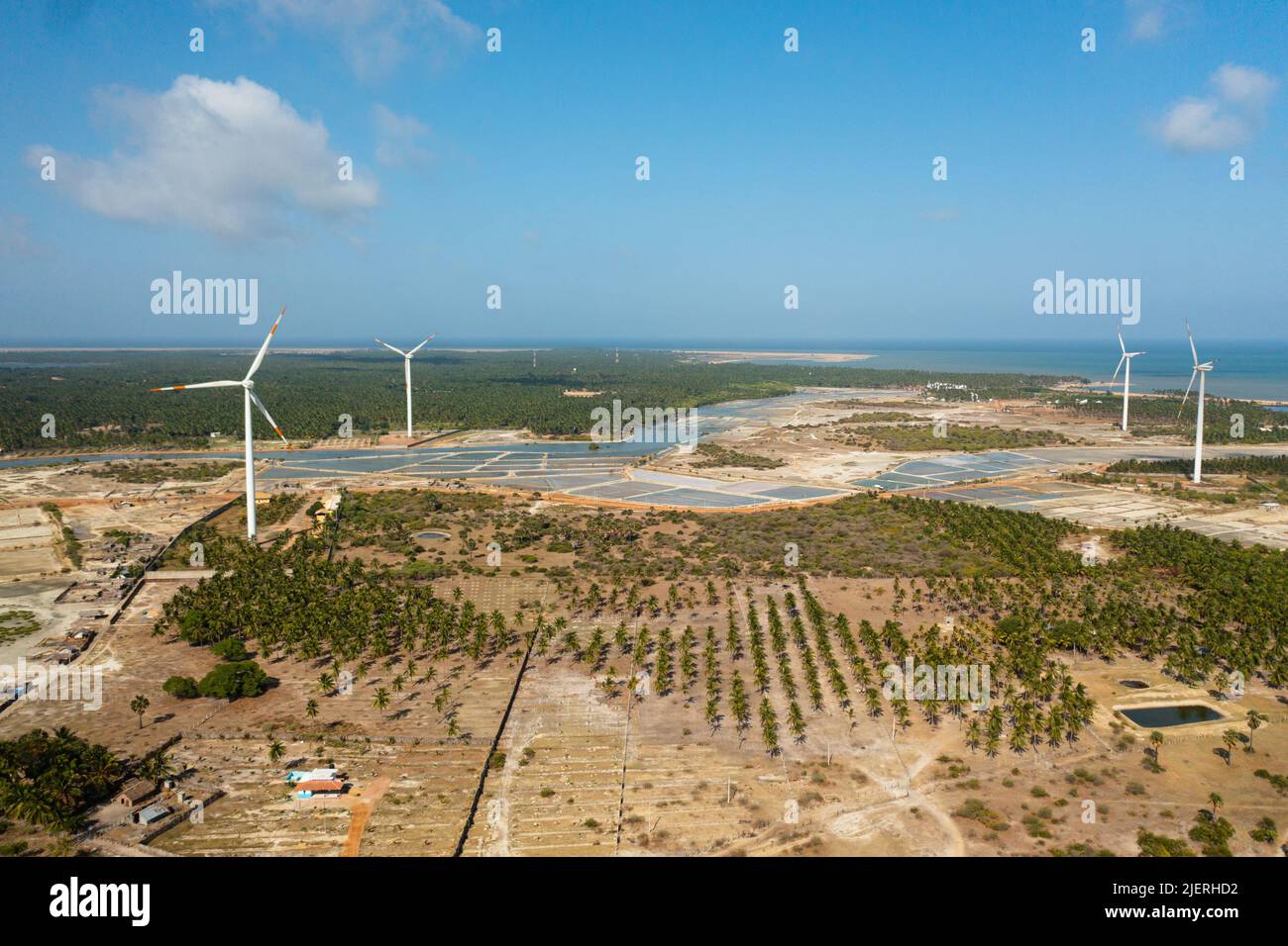Wind turbines for electric power production on the seashore. Wind power