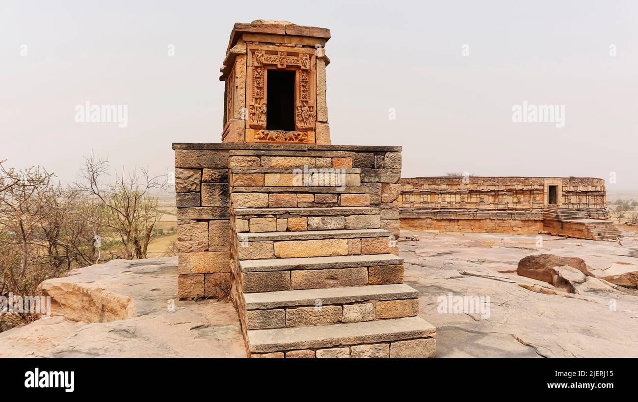 View of Gurjar Pratihar Kaleen Mandir and 64 or Chausath Yogini Temple in background, Mitaoli, Morena, Madhya Pradesh, India. Stock Photo