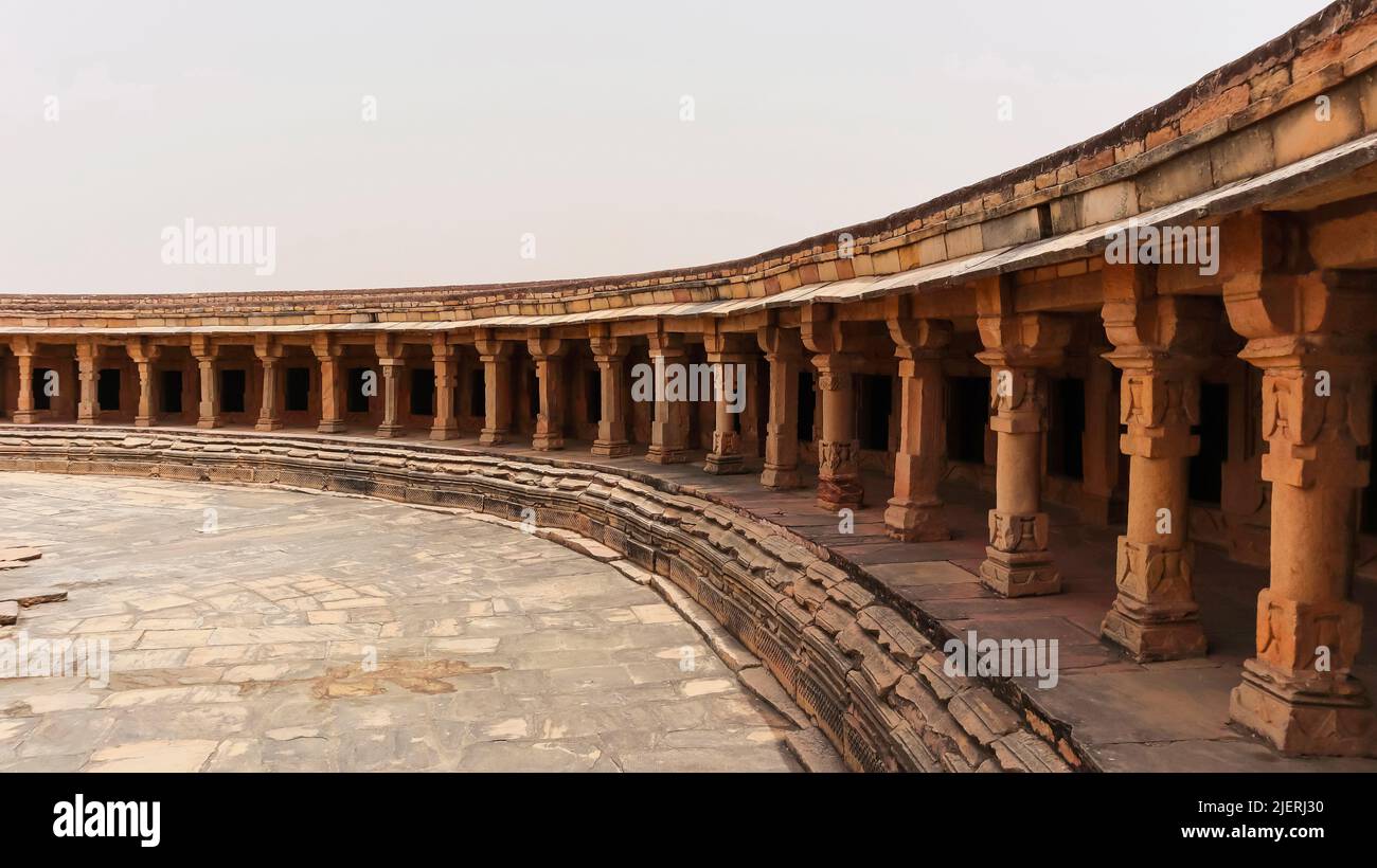 Circular View of pillars and chambers of Temple, 64 Yogini Temple, Mitaoli, Morena, Madhya Pradesh, India. Stock Photo