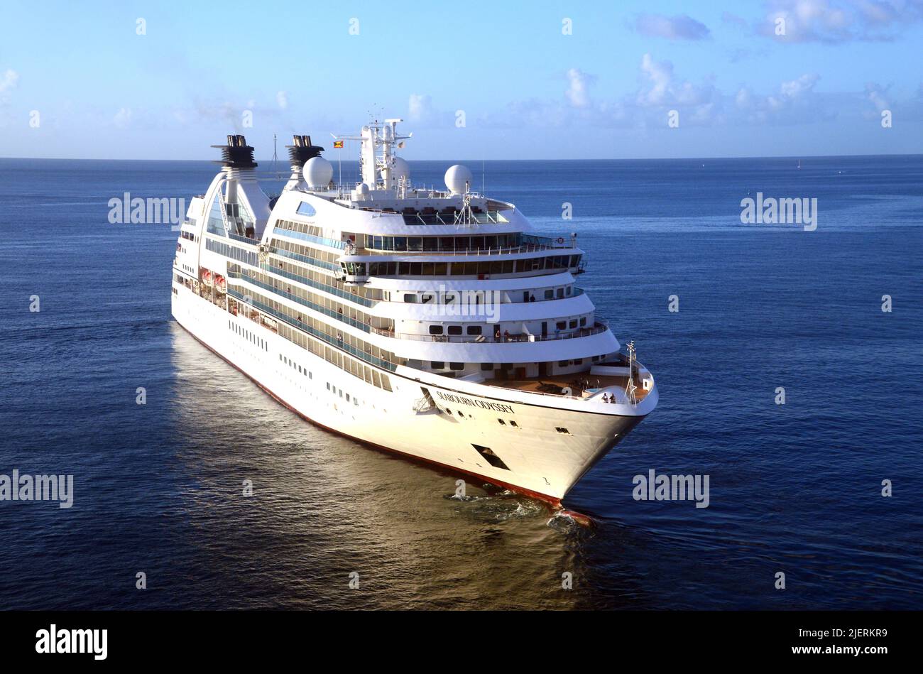 The Small Seabourn Odyssey Ultra-Luxury Passenger Cruise Ship Leaving St George's Cruise Terminal on the Caribbean Island of Grenada. Stock Photo