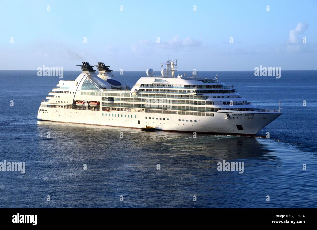 The Small Seabourn Odyssey Ultra-Luxury Passenger Cruise Ship Leaving St George's Cruise Terminal on the Caribbean Island of Grenada. Stock Photo