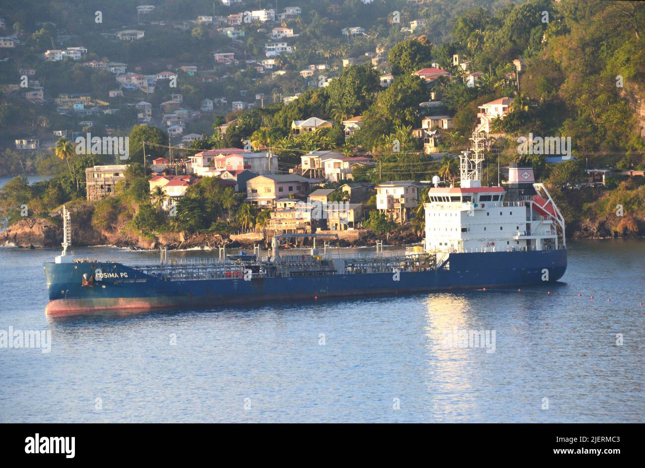 COSIMA PG (IMO: 9857822) a UK Registered Oil/Chemical Tanker Anchoured outside St George's Harbour on the Caribbean Island of Grenada. Stock Photo