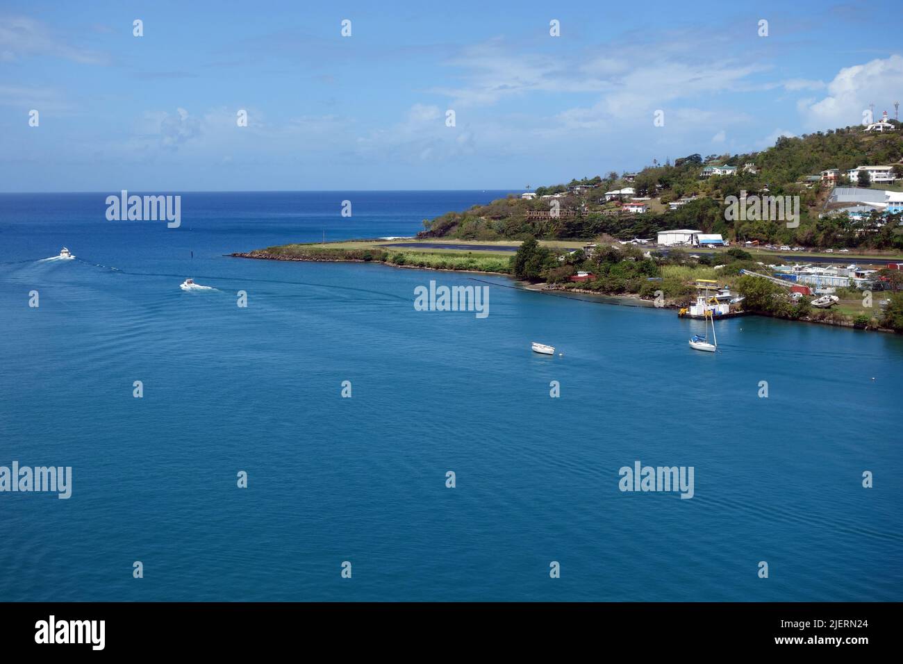 The Harbour between George F. L. Charles Airport and the Cruise Terminal in Castries the Capital of the Eastern Caribbean Island of Saint Lucia. Stock Photo