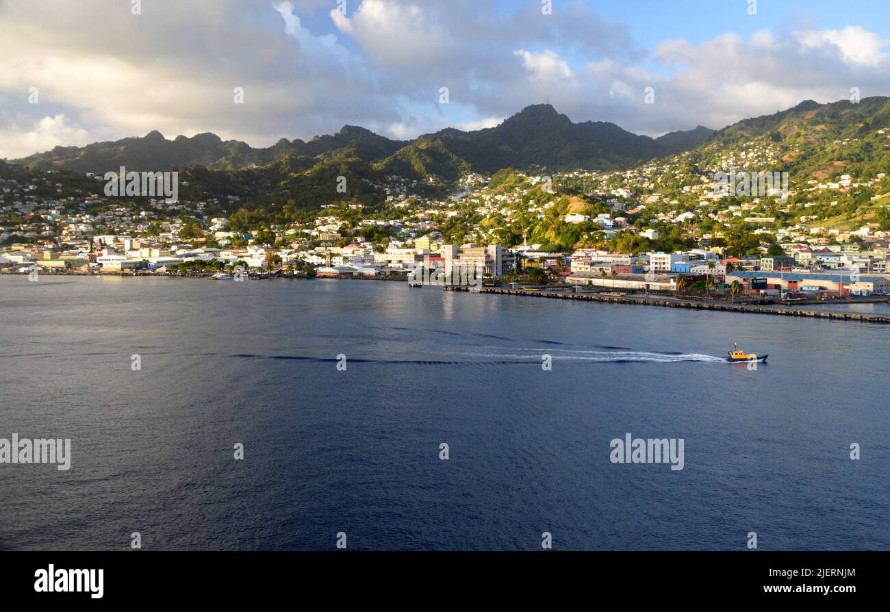 The Seafront of Kingston Harbour in St Vincent and the Grenadines in the Caribbean. Stock Photo