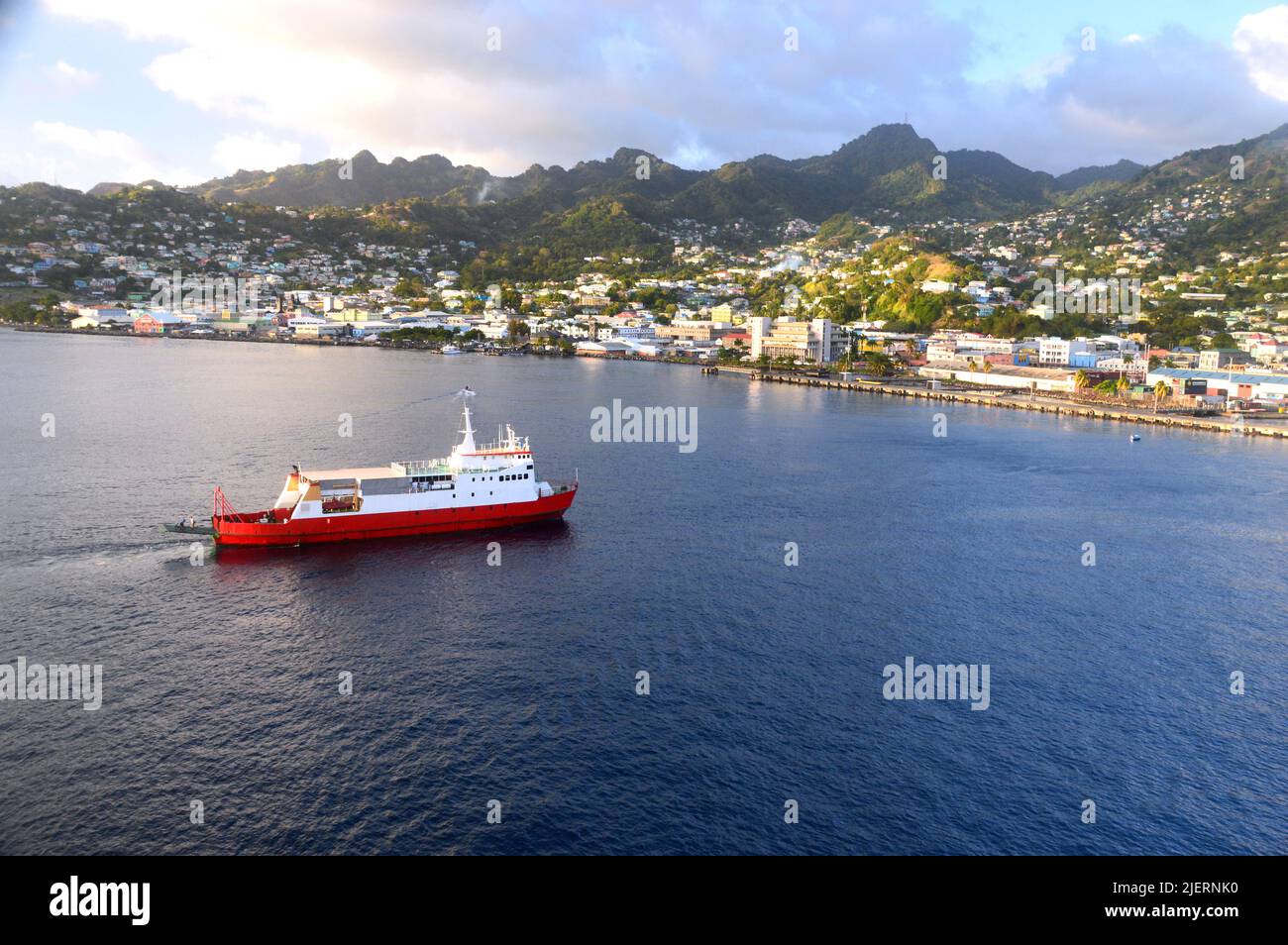 Bequia Express 5 Ro-Ro/Passenger/Car & Cargo Ship arriving at Kingston Harbour in St Vincent and the Grenadines from Port Elizabeth in the Caribbean. Stock Photo