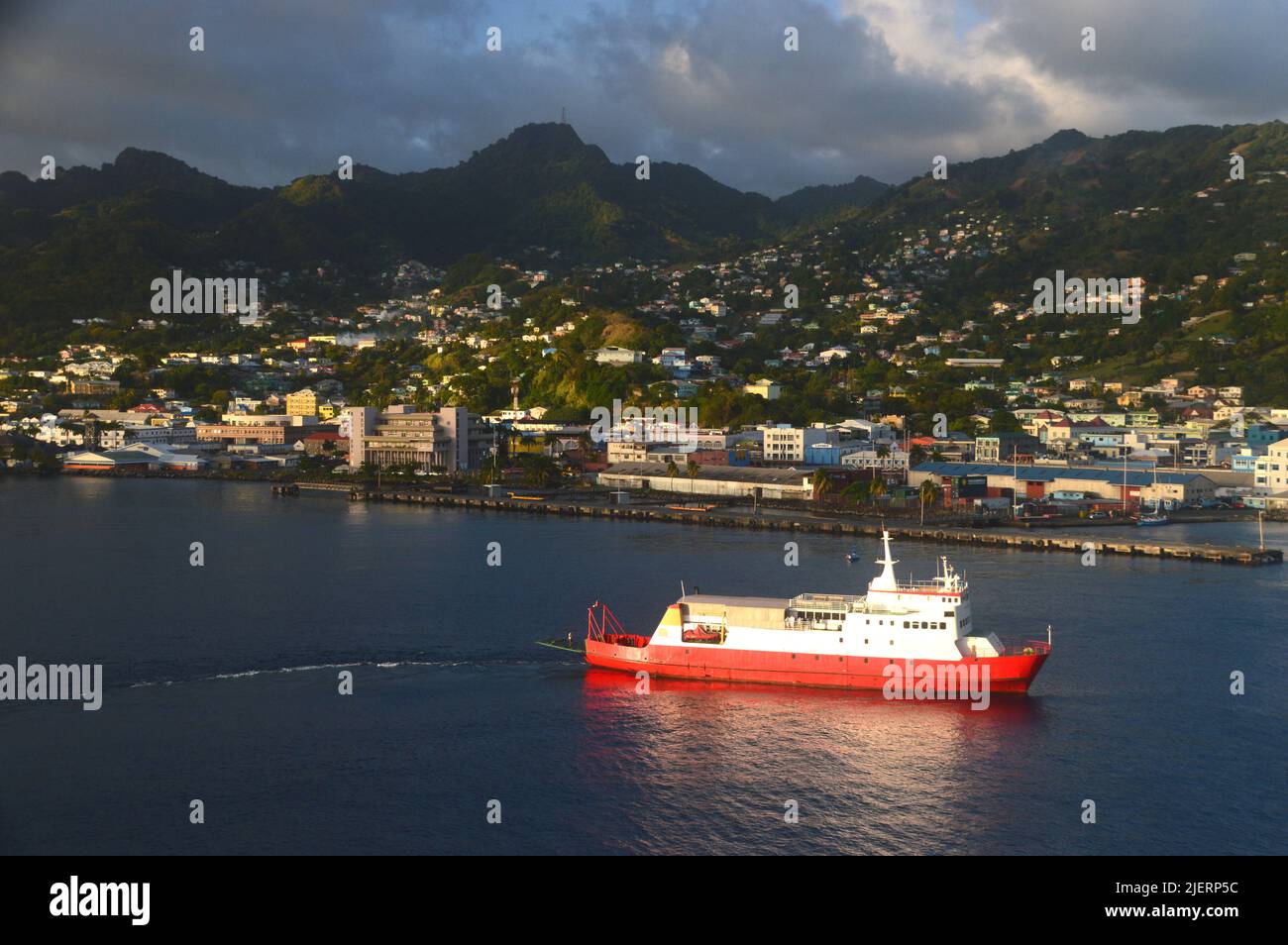 Bequia Express 5 Ro-Ro/Passenger/Car & Cargo Ship arriving at Kingston Harbour in St Vincent and the Grenadines from Port Elizabeth in the Caribbean. Stock Photo