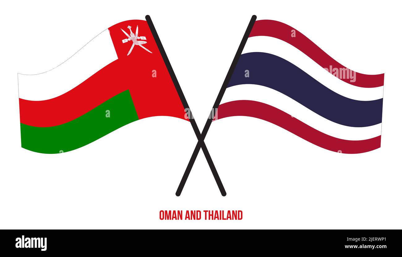 Oman and Thailand Flags Crossed And Waving Flat Style. Official Proportion. Correct Colors. Stock Photo