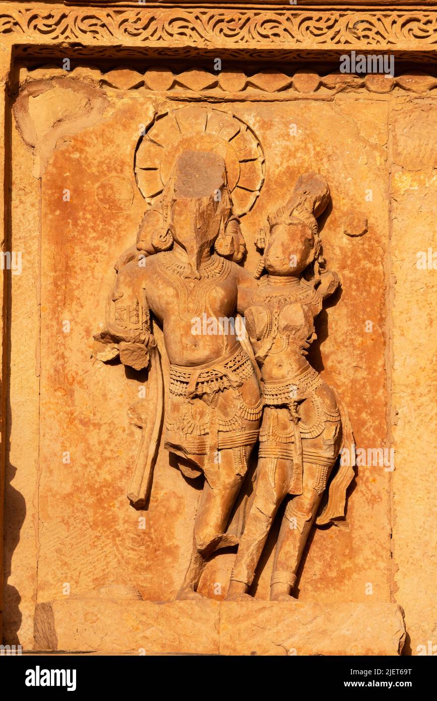 Broken Sculpture of Hindu Gods and Goddesses on the Sahastrabahu Temple, Gwalior Fort, Madhya Pradesh, India. Stock Photo