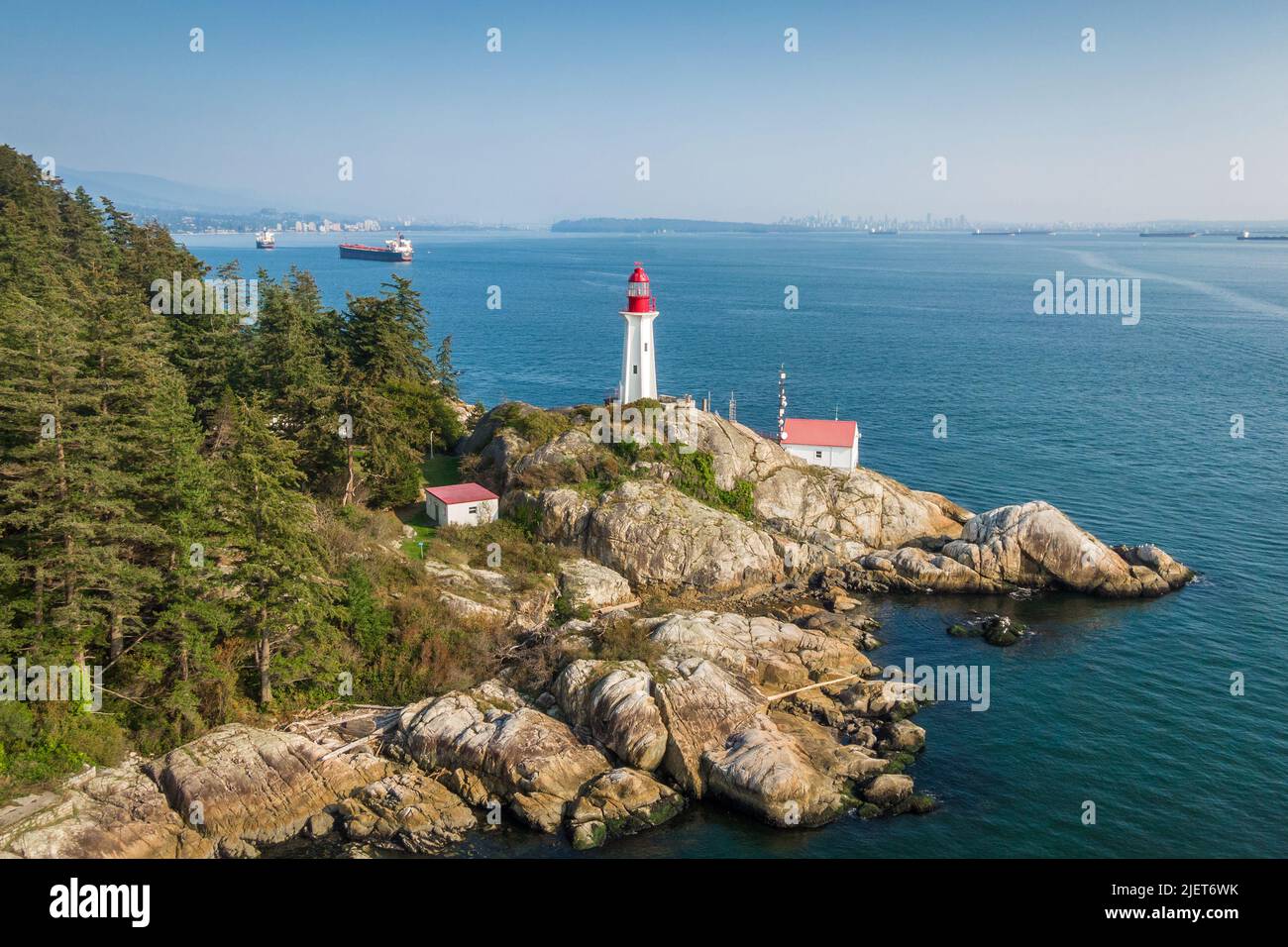 Aerial view of historic landmark Point Atkinson Lighthouse by day in West Vancouver, British Columbia, Canada. Stock Photo