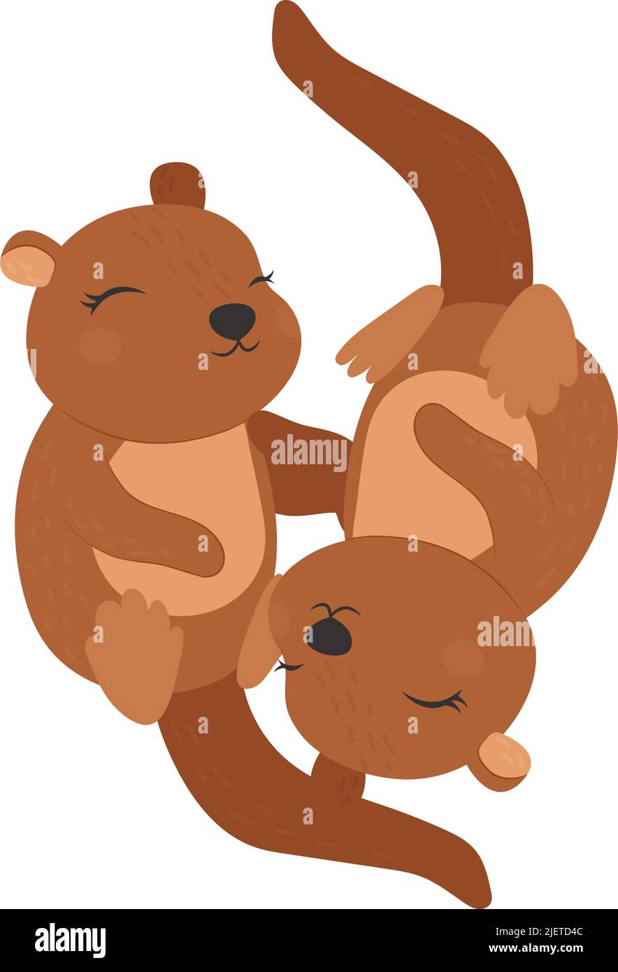 Cute Clipart Otter Illustration in Cartoon Style. Cartoon Clip Art Two Otters in Love. Vector Illustration of an Animal for Stickers, Baby Shower Stock Vector