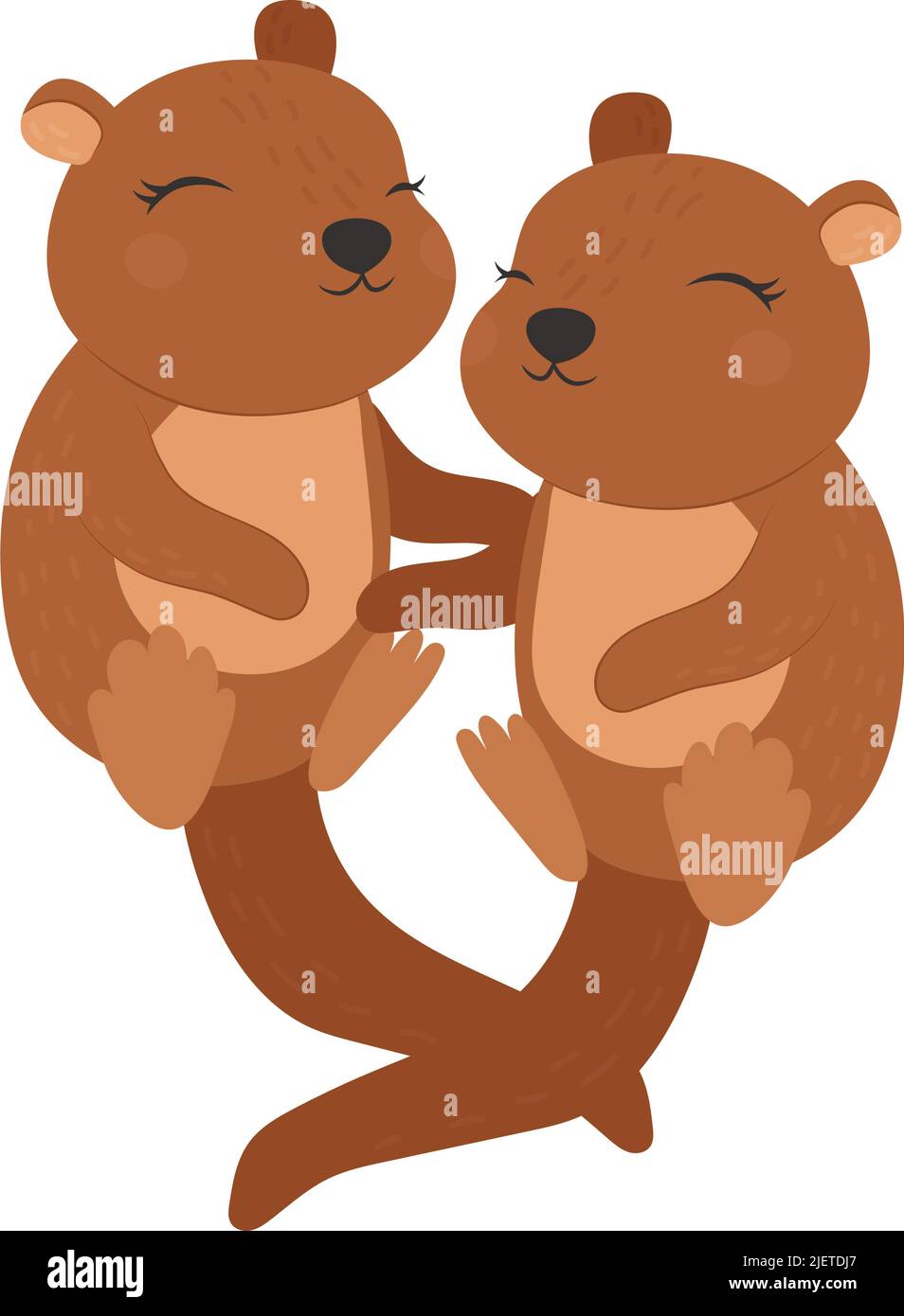 Cute Otter Clipart for Kids Holidays and Goods. Happy Clip Art Two Otters. Vector Illustration of an Animal for Stickers, Prints for Clothes, Baby Stock Vector