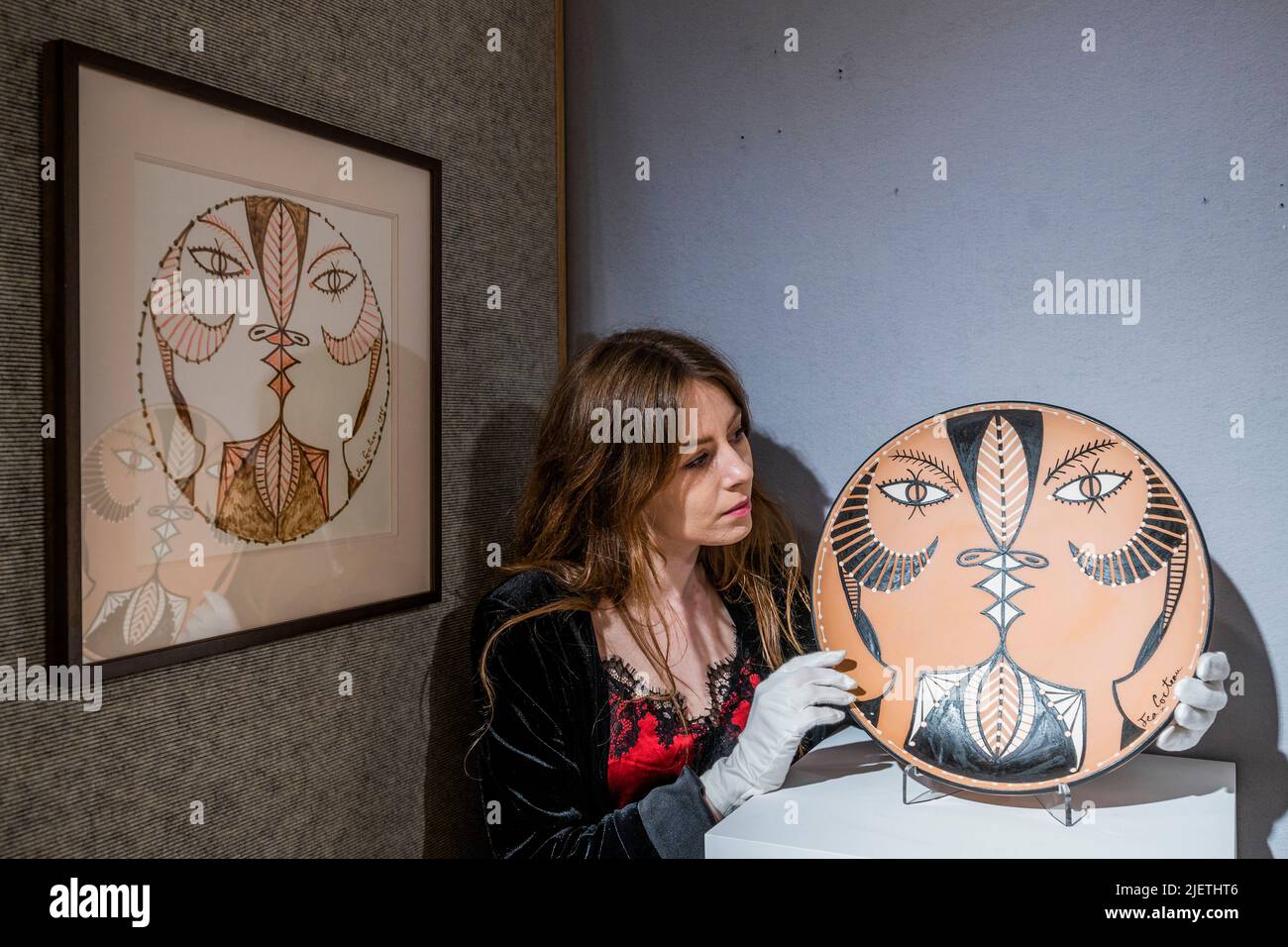 London, UK. 28th June, 2022. A Ceramic Plate, est €4-5000 with pre production sketches - A preview of Bonhams' Jean Cocteau and the Madeline-Jolly Workshop sale in New Bond Street. The sale takes place on 29 September 2022, in Paris. Credit: Guy Bell/Alamy Live News Stock Photo