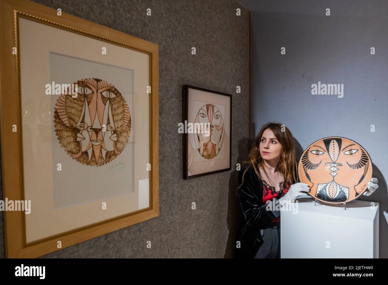 London, UK. 28th June, 2022. A Ceramic Plate, est €4-5000 with pre production sketches - A preview of Bonhams' Jean Cocteau and the Madeline-Jolly Workshop sale in New Bond Street. The sale takes place on 29 September 2022, in Paris. Credit: Guy Bell/Alamy Live News Stock Photo