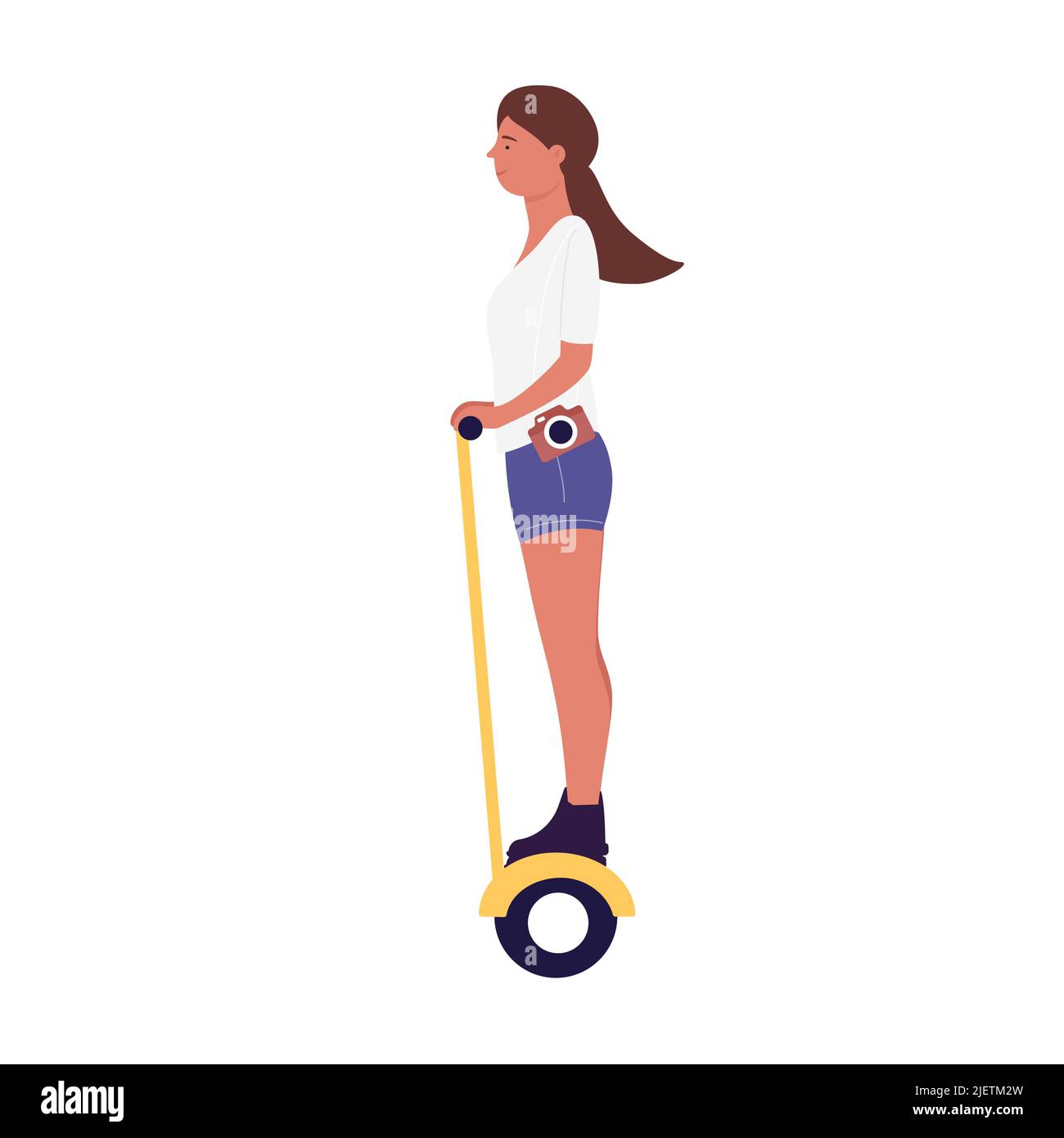 Girl with photo camera riding single wheel electric scooter. Fast and