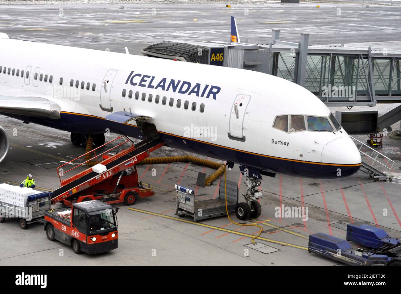 OSLO - DEC 31: Close-up of Icelandair Boeing with aircompany logotype before flight at Oslo airport Gardermoen, December 31. 2015 in Norway Stock Photo