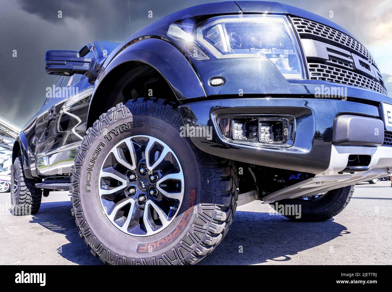 Samara, Russia - June 26, 2022: Off-road 4x4 Ford vehicle with all terrain tires Nokian Tyres. Black all terrain vehicle Ford 4x4 Stock Photo