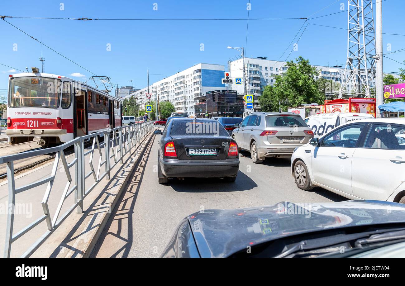 Samara, Russia - June 26, 2022: Russian public transport. Tram on the city street in summer sunny day Stock Photo