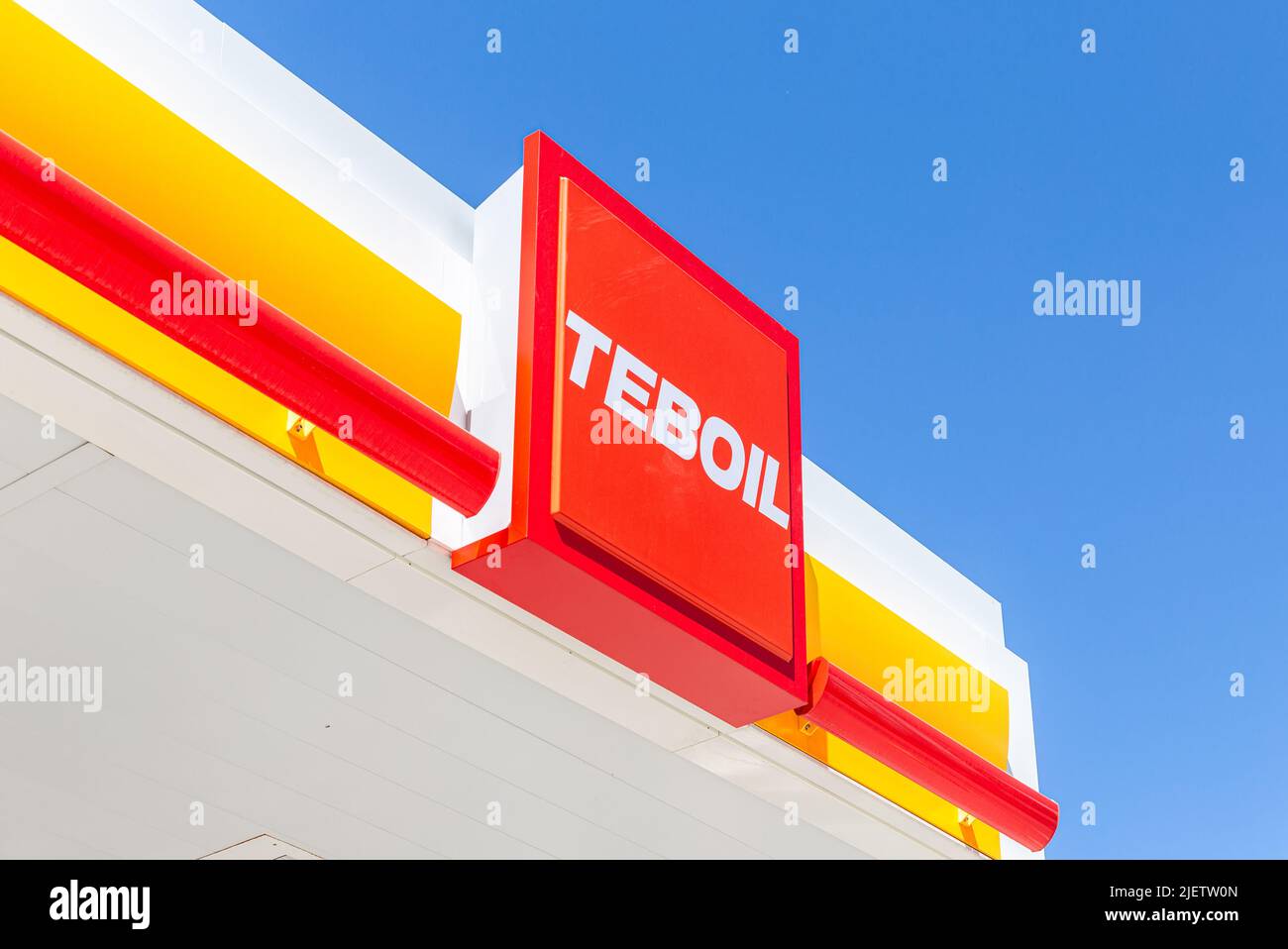 Samara, Russia - June 26, 2022: Teboil gas station logo with blue sky background. It is a subsidiary of the Russian company Lukoil Stock Photo