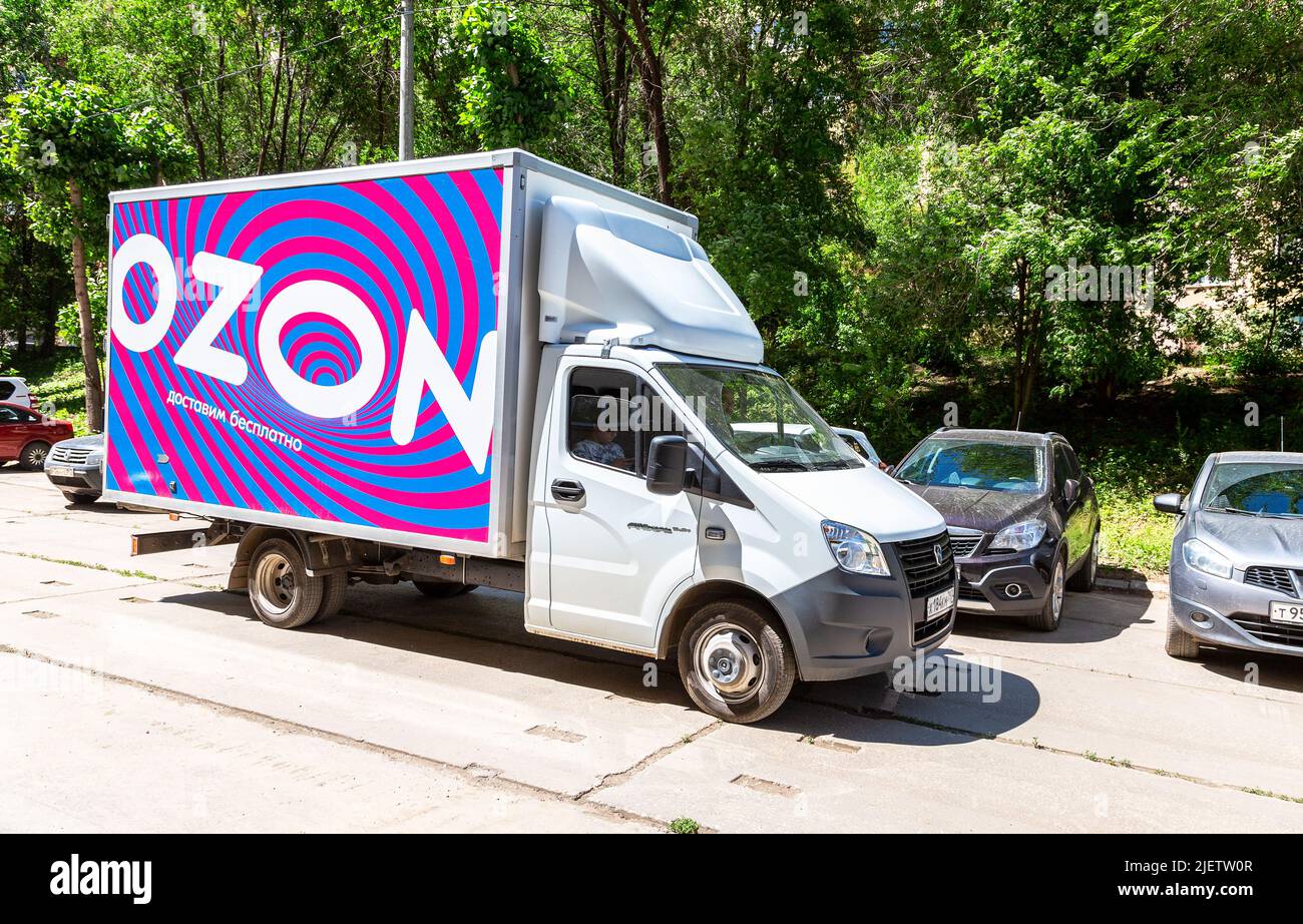 Samara, Russia - June 26, 2022: Branded cargo van of a Russian marketplace Ozon. Delivery vehicle of goods from the Ozon online store Stock Photo