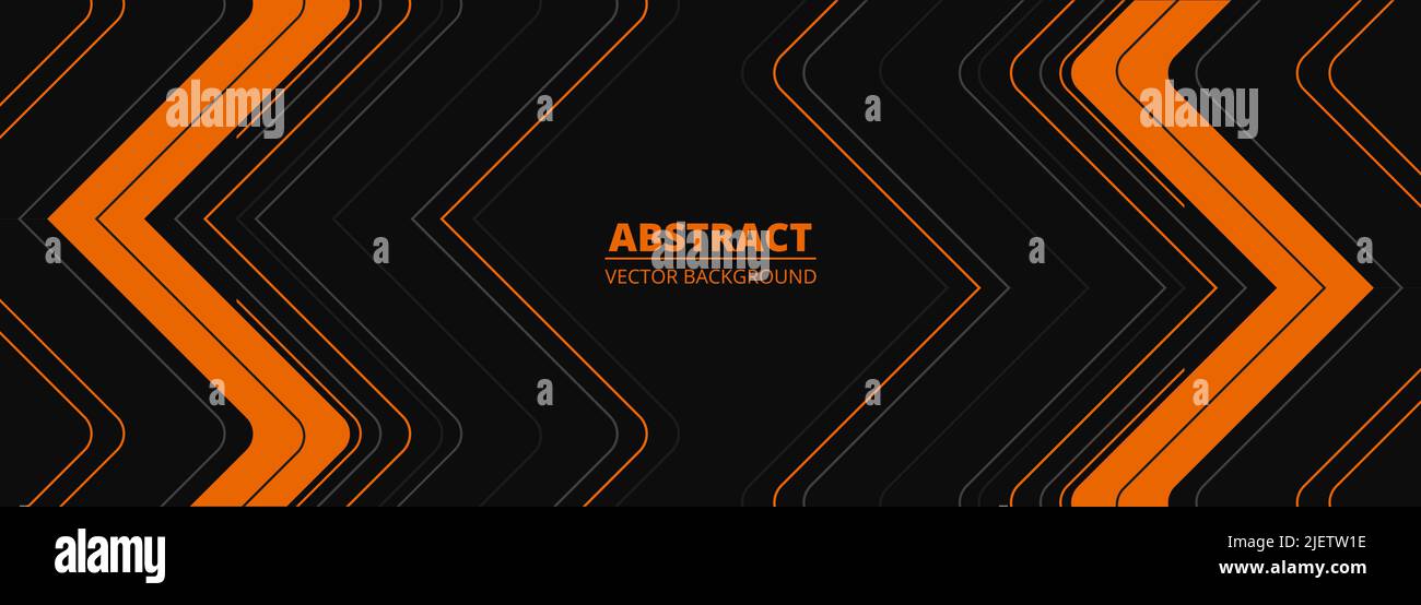 Black abstract wide horizontal banner with orange and gray lines ...