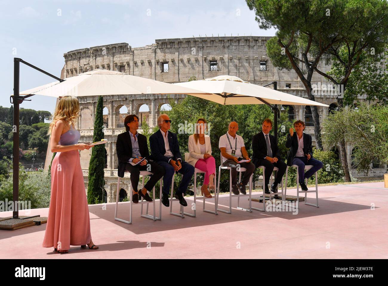 panoramic with the background of the Colosseum during the presentation conference of the World Street Skateboarding Rome 2022 at the Parco del Colle Oppio in Rome on June 28, 2022 Stock Photo