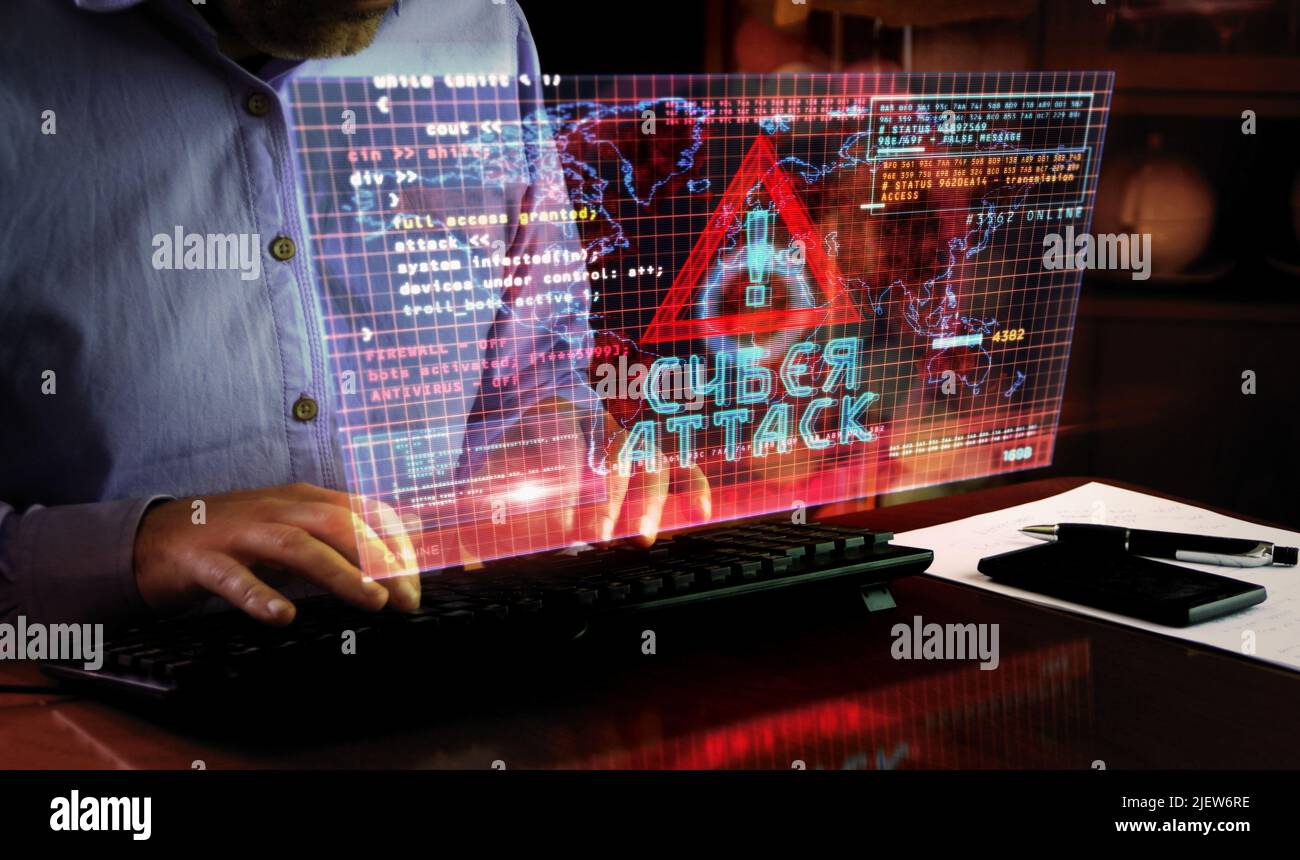 Cyberattack on computer screen. Cyber attack, security breach and russian hacker abstract concept 3d with glitch effect. Man typing keyboard. Stock Photo